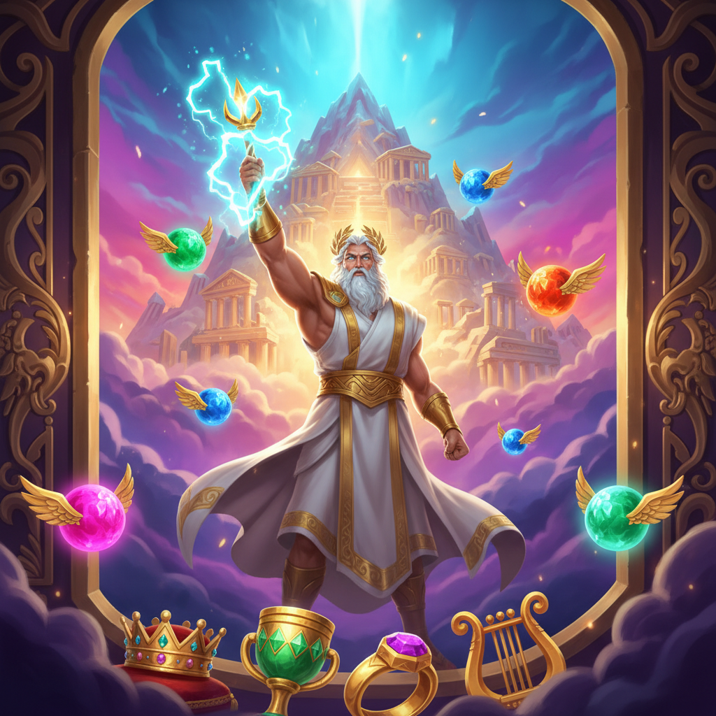 Gates of Olympus slot game main screen showing the 6x5 grid with Zeus figure, golden frames, and purple-magenta gradient background by Pragmatic Play