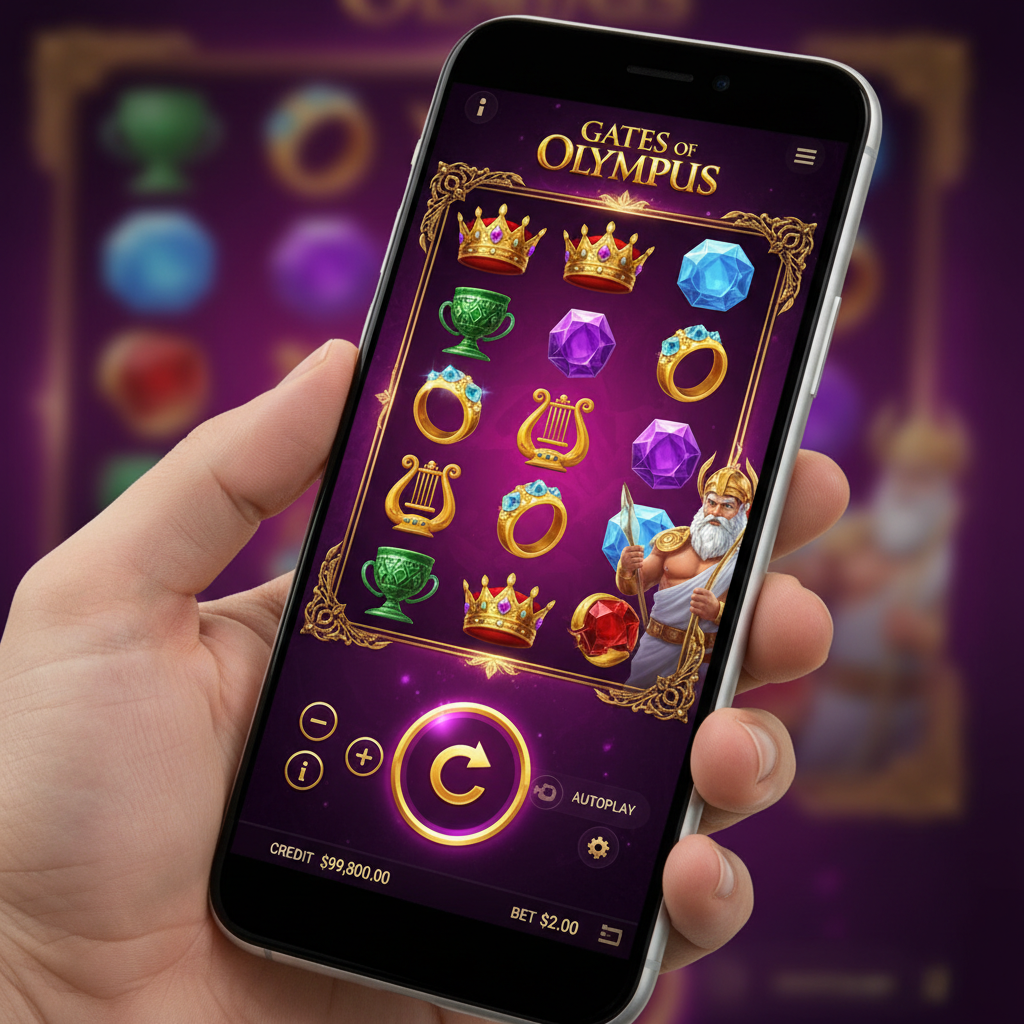 Gates of Olympus slot game displayed on a mobile device showing the touchscreen-optimised interface with large spin button, bet controls, and the 6x5 reel grid fitting the mobile screen