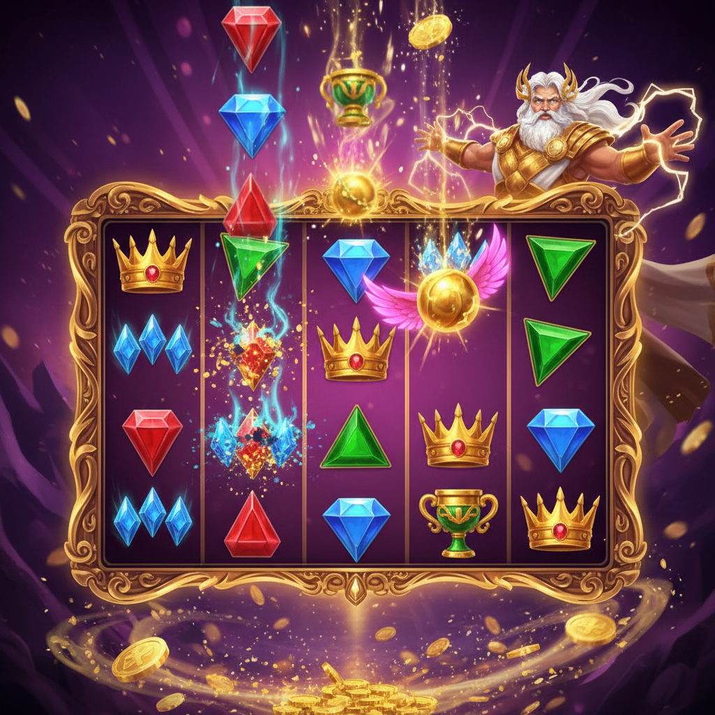 Gates of Olympus tumble feature in action showing winning symbols disappearing from the 6x5 grid and new symbols cascading from above to fill the empty positions