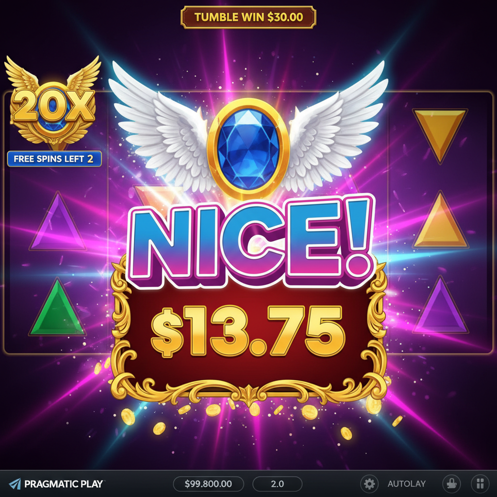 Gates of Olympus win celebration screen showing NICE! in large blue and pink gradient letters with a $13.75 win amount in a golden ornate frame and a winged blue gemstone emblem in the background